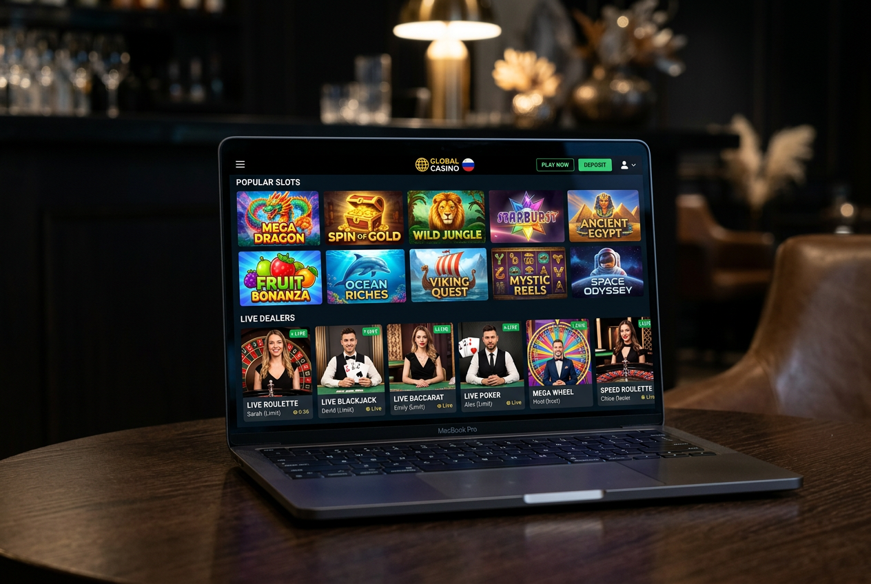 Elegant game library display with various slots and live casino games on a premium website interface