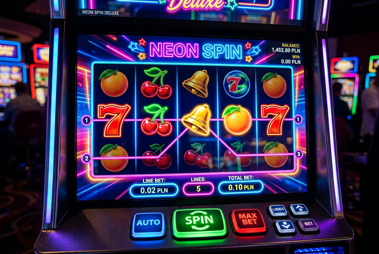 Close-up of a vibrant online slot machine screen showing low stakes betting options and winning symbols