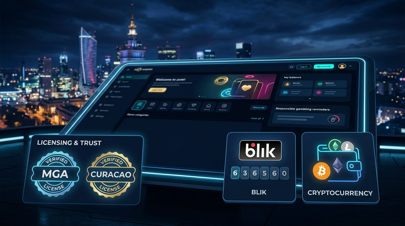 Futuristic interface of legal online casinos in Poland 2026 with BLIK and crypto payment options.