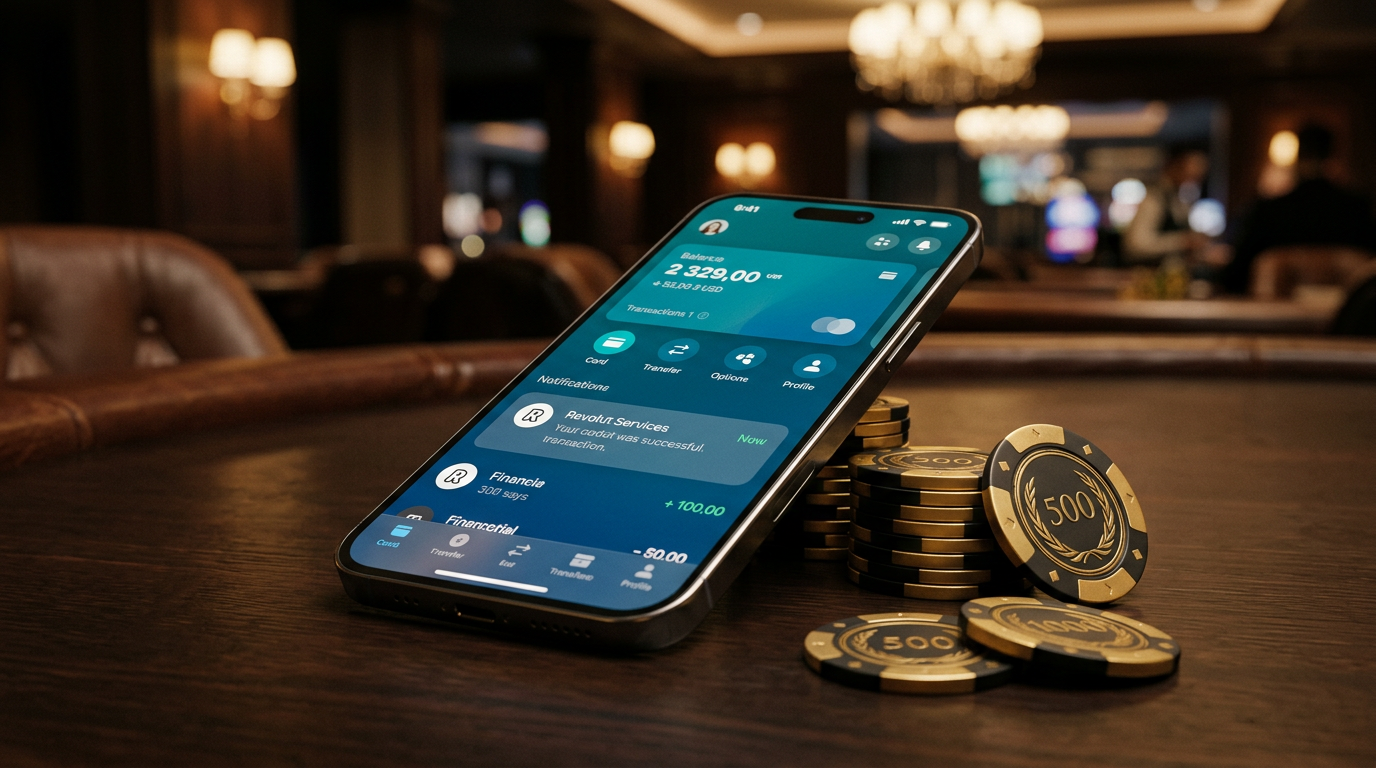 Nowoczesny smartfon z aplikacją finansową obok żetonów kasynowych