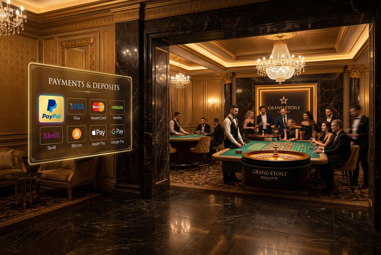 Ekskluzywne lobby NV Casino z widocznymi metodami płatności