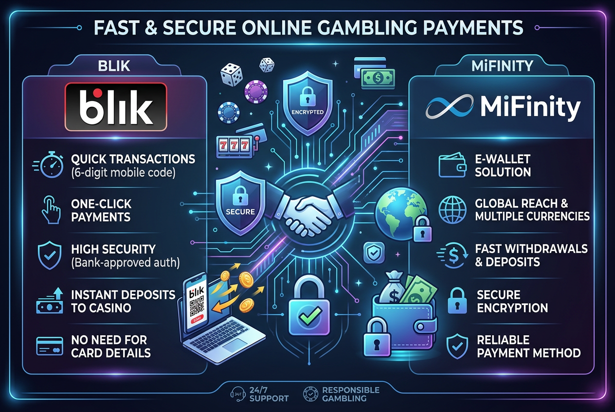 Modern online casino payment interface on a smartphone with Polish Zloty coins and icons of BLIK and MiFinity